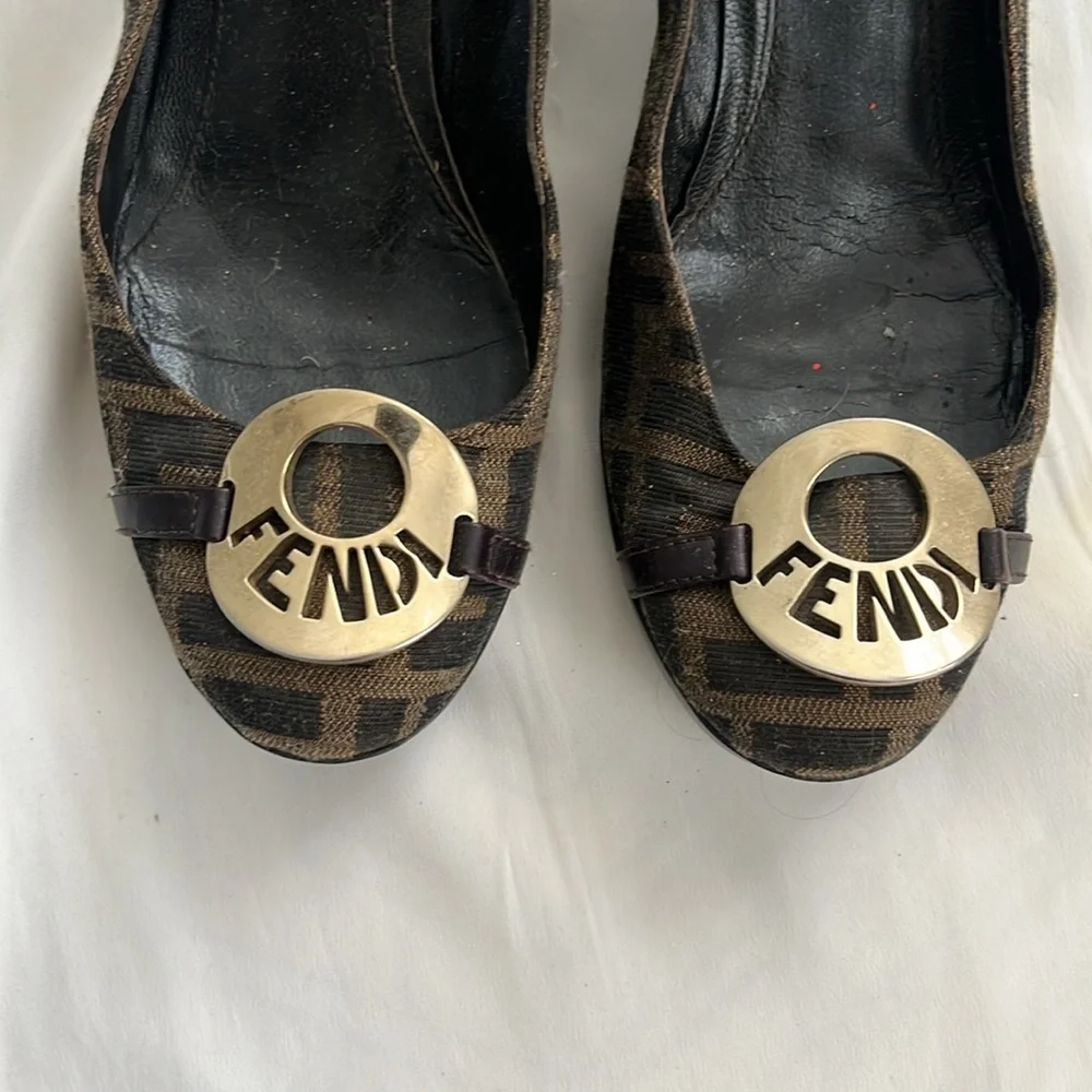 Fendi Zucca Print with big metal FF logo wedge size 36 1/2 / 6 1/2 with flaws